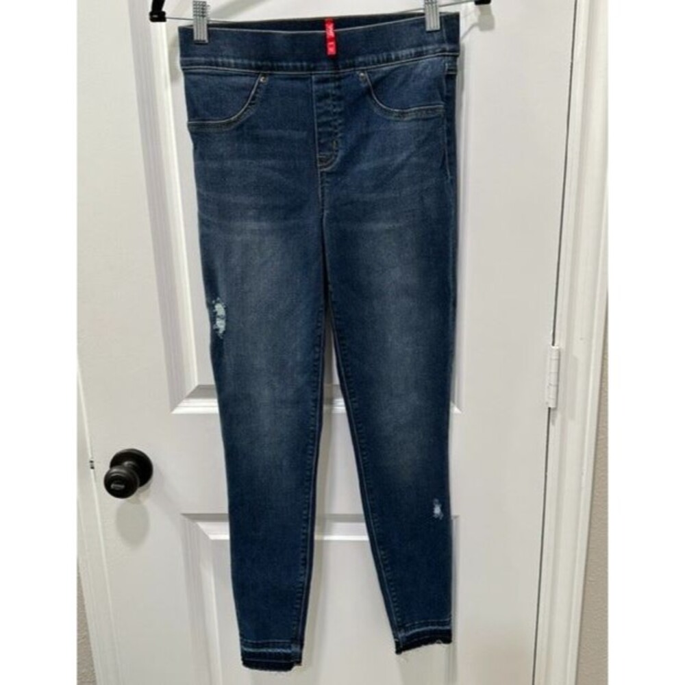 Spanx Distressed Ankle Pull On Blue Jeans Womens Raw Hem Stretch Shaping Band SM